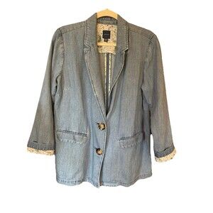 J. Jill $139 Denim Chambray Linen Blend Jacket Cottagecore Small Petite Runs Big